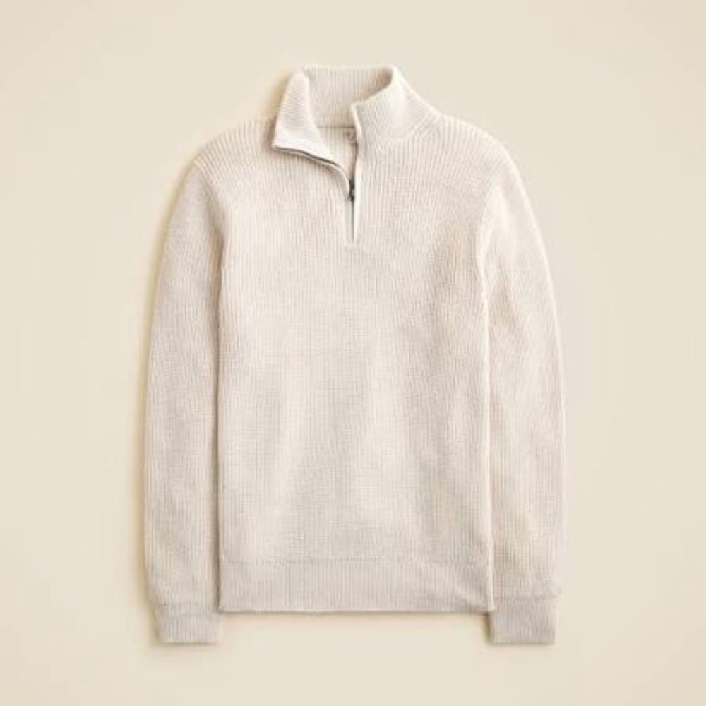 J crew heather natural Heritage cotton ribbed quarter-zip sweater